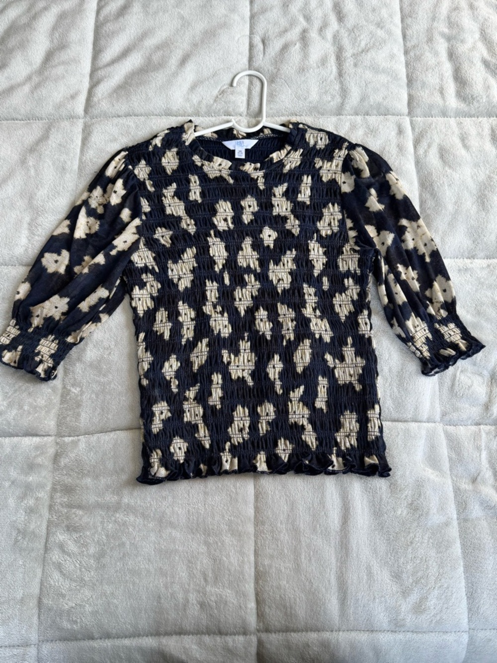 Time and Tru Black and Cream Smocked Leopard Print Blouse